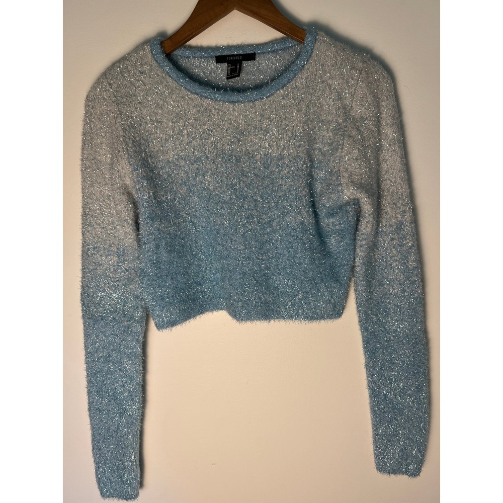 Forever 21 M Crop Sweater Shimmer Blue Ombre Eyelash Knit Tinsel Sparkle Y2K 00s
